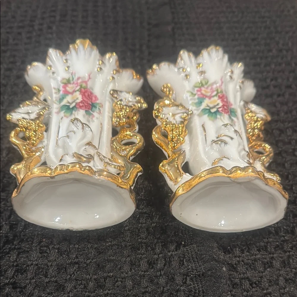 Vintage Victorian Style White Porcelain Vases with Gold Trim